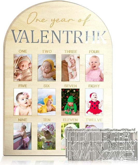 One Year Of Photo Board My First Year Milestone Board 12 Monthly Picture Frame Baby's First Year Wood Photo Board Acrylic Mirror Letters 1st Birthday Decoration Baby Keepsake Gift (2" x 3" photos - Wallet Size)