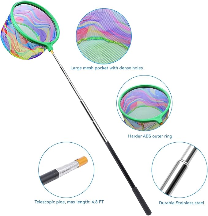2PCS Fishing Net with Bucket, Telescopic Fishing Landing Net, Collapsible Kids Sand Bucket, Kids Fish Butterfly Catching for Freshwater Saltwater Outdoor Activities