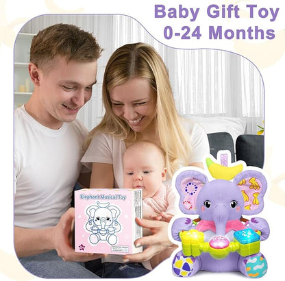 Baby Elephant Musical Stuffed Animals Toy with Light-Up Music & Crinkle Sound Paper,Infant Bilingual Early Learning Education Toys,Tummy Time Toys for 0-3-6-12+ Months Boy Girl, Purple