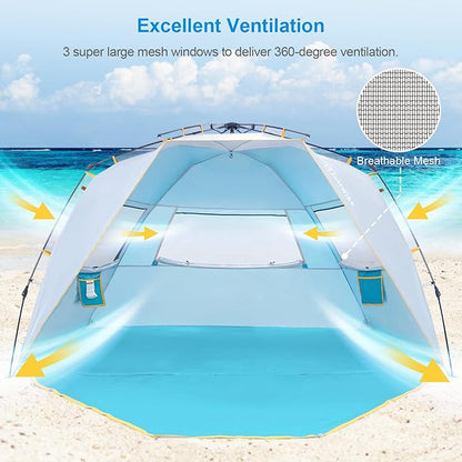 WolfWise 6-7 Person Easy Up Beach Tent UPF 50+ Portable Instant Sun Shelter Canopy Umbrella with Extended Zippered Porch, Blue