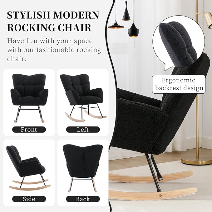 NIOIIKIT Nursery Rocking Chair Teddy Upholstered Glider Rocker Rocking Accent Chair Padded Seat with High Backrest Armchair Comfy Side Chair for Living Room Bedroom Offices (Black Teddy)