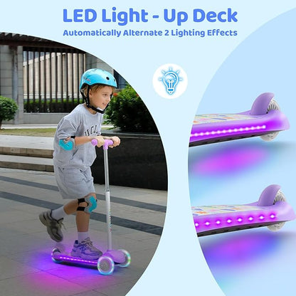TONBUX Kids Scooter for Ages 3-5, Toddler Scooter with Light-Up Deck and Wheels, Adjustable 4-Level Height 3-Wheel Scooter for Kids, Lean-to-Steer Design