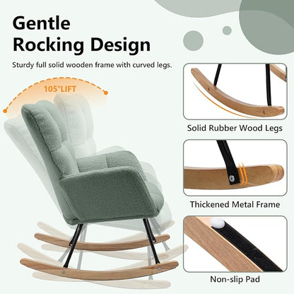 NIOIIKIT Nursery Rocking Chair Teddy Upholstered Glider Rocker Rocking Accent Chair Padded Seat with High Backrest Armchair Comfy Side Chair for Living Room Bedroom Offices (Olive Green)