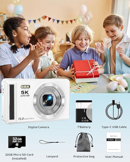 5K Digital Camera - 72MP UHD Digital Cameras for Photography - Autofocus Point and Shoot Small Camera with Flash for Kids - 2.8 Inch Screen Compact Portable Vlogging Camara with 16X Zoom, 32GB SD Card