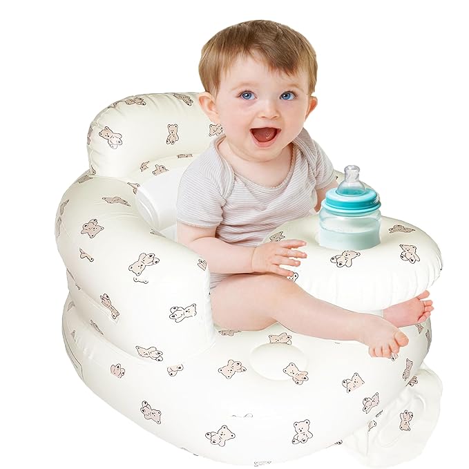 Baby Inflatable Seat for Babies 3-36 Months, Built in Air Pump, Bear Baby Support Seat Summer Toddler Chair for Sitting Up, Baby Shower Chair Floor Seater, Infant Back Support Sofa, Green