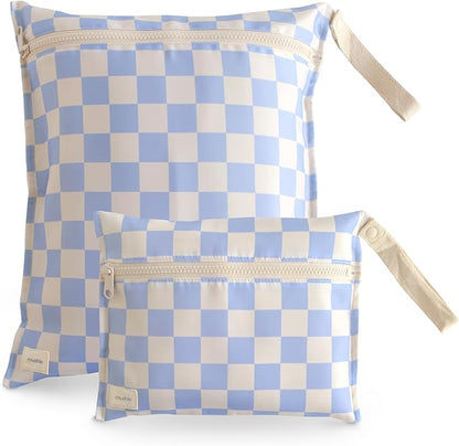 mushie Water Resistant Wet Bags | Large & Small Reusable Storage Bag for Baby Items and Travel | Zippered Pockets with Handle | Machine Washable, Set of 2 (Blue Check)