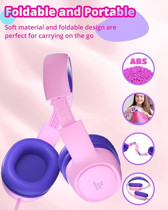 Tronsmart KH01 Kids Headphones - Foldable Over-Ear With Safety Volume 85/93dB, HD Stereo, 3.5mm Jack for Boys/Girls/School/Kindle/Travel/Tablets (Pink)