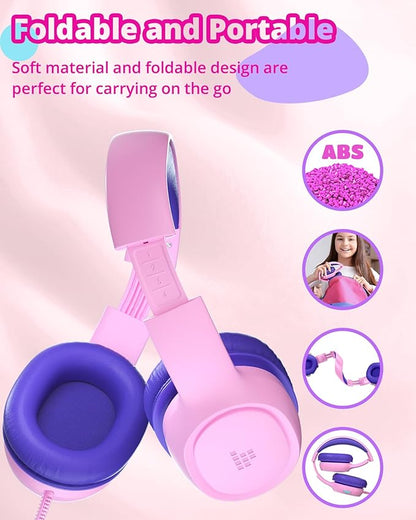 Tronsmart KH01 Kids Headphones - Foldable Over-Ear With Safety Volume 85/93dB, HD Stereo, 3.5mm Jack for Boys/Girls/School/Kindle/Travel/Tablets (Pink)