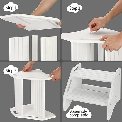 AMBIRD Wooden Two Step Stools Toddler with Safety Non-Slip Pads and Handles, Bamboo Step Stool for Bathroom, Bedroom, Kitchen Dual Height Step Stools for Kids (White)