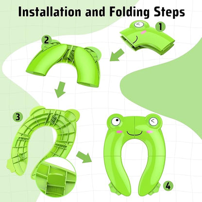 Portable Potty Seat for Toddler Travel - Foldable Non-Slip Potty Training Toilet Seat Cover for Boys Girls, Baby Kids with Drawstring Bag (Green Frog)