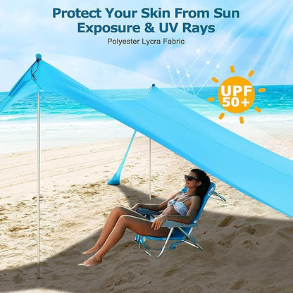 COMMOUDS Beach Tent Sun Shelter - UPF50+ Pop Up Beach Canopy with Sandbags & Sand Shovel & Windproof Poles, Portable Sun Shade for Beach, Camping, Picnics, Backyard
