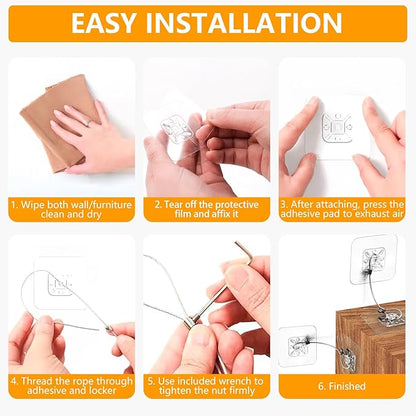 No Drill Metal Furniture Anchors (10 Packs) for Baby Proofing, 14" Adhesive Anti-Tip Furniture Wall Safety Straps for Child, Keep Toddlers & Pets Safe from Falling Furniture Like Dresser & Bookshelf