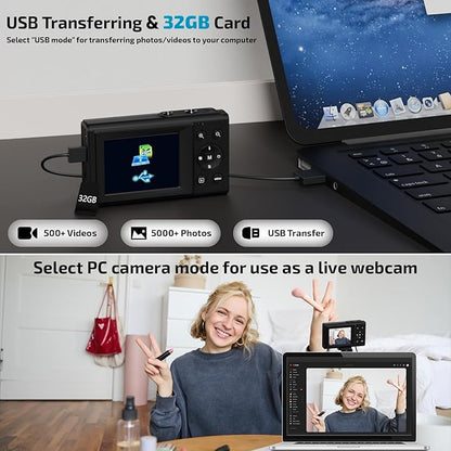 Upgrade Digital Camera, FHD 4K 44MP Autofocus Digital Point and Shoot Video Camera with 16X Zoom, 32GB SD Card, Compact Digital Camera Cheap for Teens Boys Girls Kids Black Camera