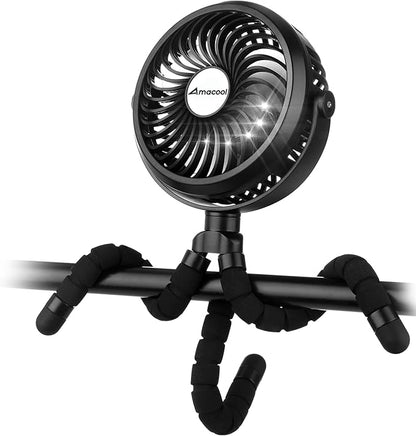 AMACOOL Battery Operated Stroller Fan Flexible Tripod Clip On Fan with 3 Speeds and Rotatable Handheld Personal Fans for Car Seat Crib Bike Treadmill (Black)