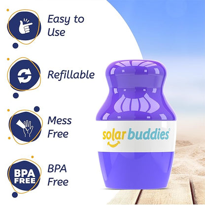 Solar Buddies Sunscreen Applicator - Single Purple - Refillable Roll on Sponge Sunscreen, Suncream & Lotion Applicator For Kids, Adults & Families - Holds 3.4fl oz, Perfect Size for Travel