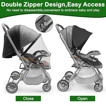 Baby Mosquito Net for Stroller Sun Shade, 2-in-1 Stroller Cover for Sun Protection with Two-Way Zipper and Storage Bag, Breathable Strollers Bug Net Suitable for Bassinet, Cradle, Car Seat – Black