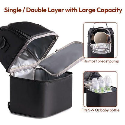 NCVI Breastmilk Cooler Bag with 2 Ice Pack, Breast Pump Bag with Cooler Fits 6 Bottles, Double Layer Breast Milk Travel Bag Baby Bottle, for Travel, Nursing Mom Daycare, Work, Picnic (Black)