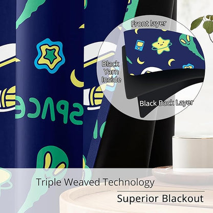 Kids Space Alien Blackout Curtains - 100% Blackout, Thermal Insulated, Noise Reducing, Perfect for Kids Room and Nursery, 2 Panels (Friendly Alien, W52×L84)