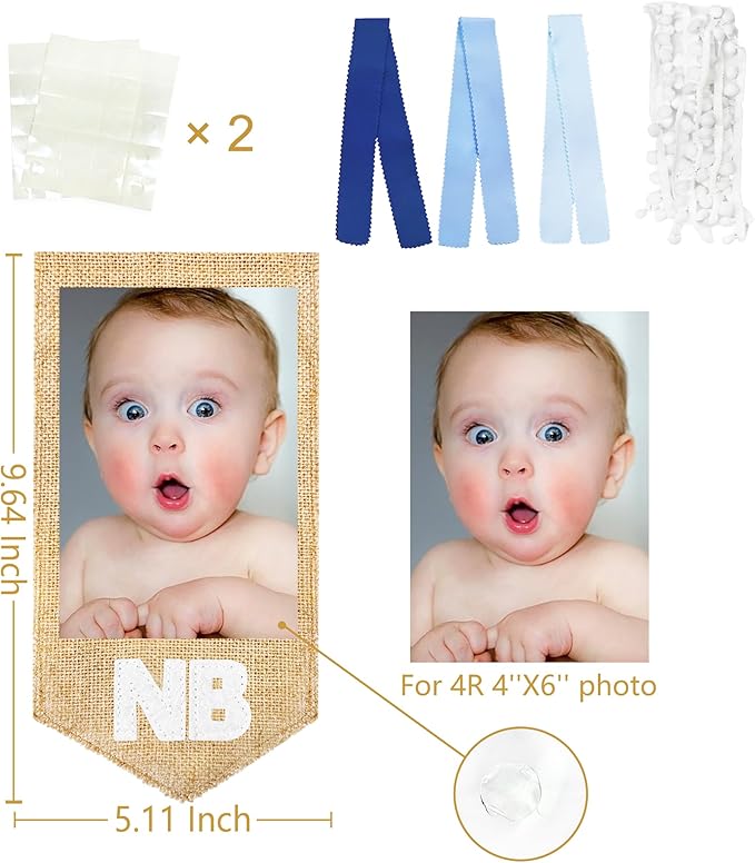 pinkblume 1st Birthday Burlap Photo Banner Garland Handmade Felt from Newborn to 12 Months with Gradient Blue Ribbon for Monthly Milestones Baby Boy First Birthday Party Decorations Supplies