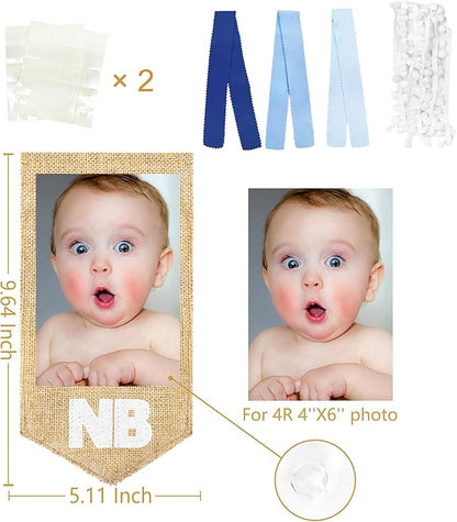 pinkblume 1st Birthday Burlap Photo Banner Garland Handmade Felt from Newborn to 12 Months with Gradient Blue Ribbon for Monthly Milestones Baby Boy First Birthday Party Decorations Supplies