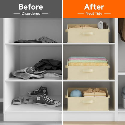 Lifewit Storage Baskets for Shelves, 6 Packs Non-woven Fabric Trapezoid Closet Organizer Bins with Handles, Foldable Clothing Containers Box for Clothes, Toy, Towel, Book, DVD, Hats, Medium-Beige