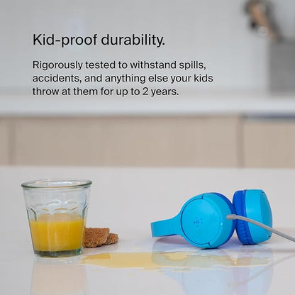Belkin SoundForm Mini Kids Wired Headphones with Built-in Microphone & Fun Stickers, 85dB Safe Volume Limit – for Online Learning, Travel, Compatible w/iPhone 15, iPad, Galaxy S23, & More - Blue