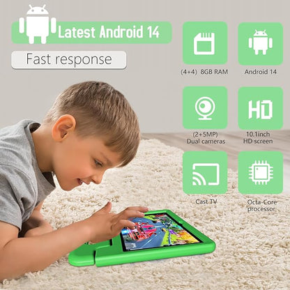 Tablet for Kids Age 3-12 10.1 inch Android 14 6000mAh 8GB RAM+64GB ROM Expandable to 1TB Kids Tablets WiFi6 Google Kids Space Parental Control 1280 * 800 HD Screen - Green