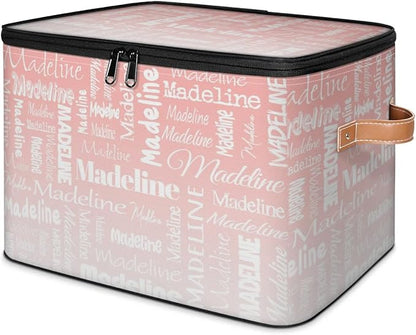 Custom Storage Basket with Name, Personalized Storage Bins with Zipper Lid, Foldable Fabric Storage Box Large capacity with Handle Pink White