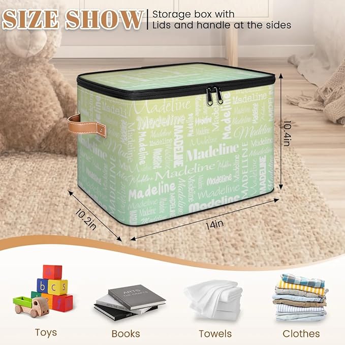 Custom Storage Basket with Name, Personalized Storage Bins with Zipper Lid, Foldable Fabric Storage Box Large capacity with Handle Yellow Green