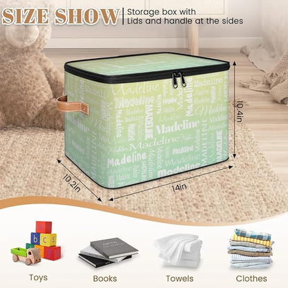 Custom Storage Basket with Name, Personalized Storage Bins with Zipper Lid, Foldable Fabric Storage Box Large capacity with Handle Yellow Green