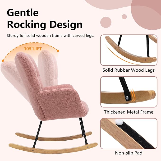 NIOIIKIT Nursery Rocking Chair Teddy Upholstered Glider Rocker Rocking Accent Chair Padded Seat with High Backrest Armchair Comfy Side Chair for Living Room Bedroom Offices (Pink Teddy)