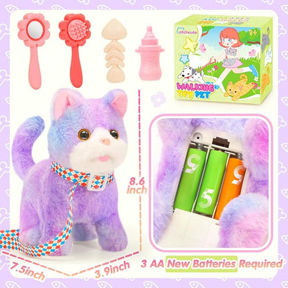 Plush Toys Cat for Kids with Leash, Interactive Electronic Kitty That Walking,Meowing,and Tail Wagging, Pretend Play Realistic Cat Christmas Birthday Gifts for Boys and Girls