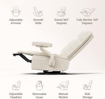 Nursery Swivel Glider Recliner Chair with Adjustable Armrests & Headrest, Rocking Chair Nursery with Removable Cover for Breastfeeding, FSC & Oeko-TEX Certified, Beige