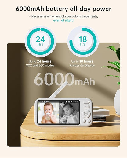 2K Video Baby Monitor with 2 Cameras and Audio, 3000ft Long Range Baby Monitor No WiFi, 5.5" Split Display, VOX - AI Cry Detect, ANR, IR Night Vision, 2-Way Audio, 6000mAh