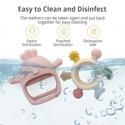 2 Pack Baby Teething Toys for 0-6 & 6-12 Months, Food Grade Silicone Teething Mitten No Drop Teether and Ring Teether, BPA Free, One-Piece, CPC Certified Baby Chew Toys for Sucking Needs