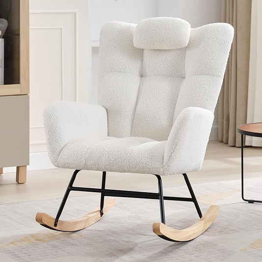 Nursery Rocking Chair,300Lb Glider Chair with Wood Legs/Two Side Pockets,Teddy Upholstered Glider Rocker with Padded Seat High Backrest for Living Room/Bedroom/Nursery