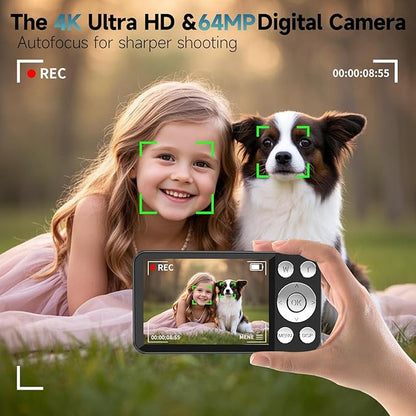 Digital Camera, Autofocus 4K 64MP Point and Shoot Digital Cameras for Teens with 64GB Card, 18X Zoom Anti-Shake Compact Video Camera for Student Kids Boys Girls Beginner - Black