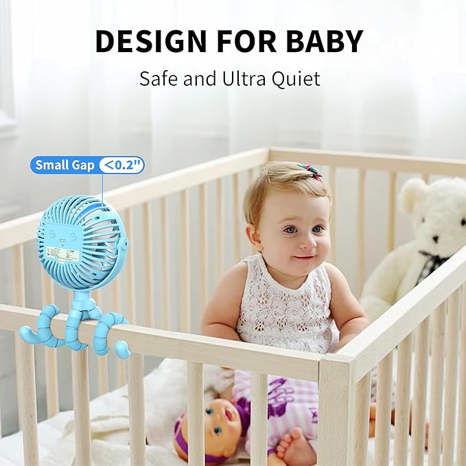 AMACOOL Battery Operated Stroller Fan Flexible Tripod Clip On Fan with 3 Speeds and Rotatable Handheld Personal Fans for Car Seat Crib Bike Treadmill (Blue)