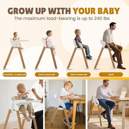 Convertible High Chairs for Babies & Toddlers. 5-in-1 Adjustable High Chair with Removable Tray, Easy to Clean, Portable (White Khaki)