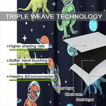 Cartoon Dinosaur Curtains for Kids Boys Girls Home Decor, Astronaut Rocket Funny Outer Space Blackout Rod Pocket Window Drapes for Bedroom Living Room W21xL63in 2 Panels