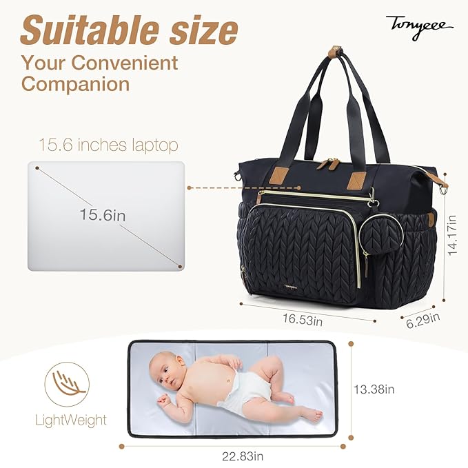 Diaper Bag Tote, Large Diaper Bags Waterproof, Hospital Bag for Labor Delivery, Baby Bag with Pacifier Case, Travel Diaper Tote with Changing Pad, Black