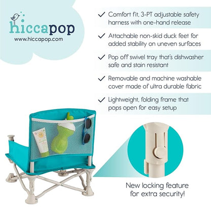 Hiccapop OmniBoost Travel Booster Seat with Tray for Baby | Folding Portable Baby Booster Seat for Dining Table, Camping, Beach, Grandma’s | Tip-Free Design Straps to Kitchen Chairs - Booster Chair