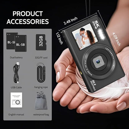 5K Digital Camera, Dual Screens Camera with 18X Digital Zoom, Compact Vlogging Camera for Teens, Beginner-Friendly Gift Pack, 32GB Card & 2 Batteries, Black