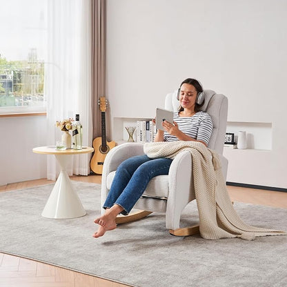 Rocking Chair Nursery, Modern Glider Chair with Adjustable Footrest and Solid Wood Legs, High Backrest Nursery Chair with Side Pocket, Rocker Armchair for Living Room Bedroom, Teddy Ivory