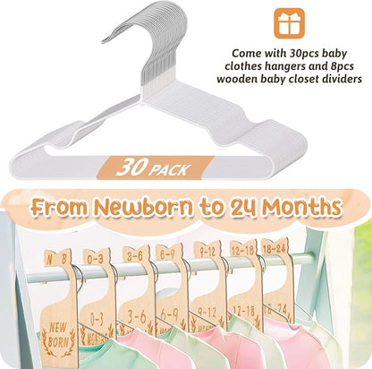 8Pcs Wooden Baby Closet Dividers for Baby Clothes Organizer, and 30Pcs Baby Hangers, Baby Closet Organizer Baby Clothes Dividers for New Mom Dad Parents, 0-24 Months, Large, SL0058