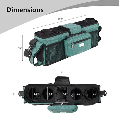 TOPDesign Universal Baby Stroller Organizer, Double Stroller Caddy with Detachable Mesh Bag & Heightened Insulated Cup Holders & Non-Slip Secure Hooks Accessories, Fits Most Strollers (Green)