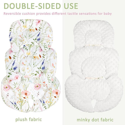 Infant Car Seat Insert, Car Seat Head Support Baby Girls Boys, Soft & Reversible Newborn Carseat Insert Cushion with 2 Strap Covers, for Stroller, Swing, Bouncer (White Wildflowers)
