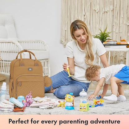 Dikaslon Diaper Bag Backpack with Portable Changing Pad, Pacifier Case and Stroller Straps, Large Unisex Baby Bags for Boys Girls, Multipurpose Travel Back Pack for Moms Dads, Tan