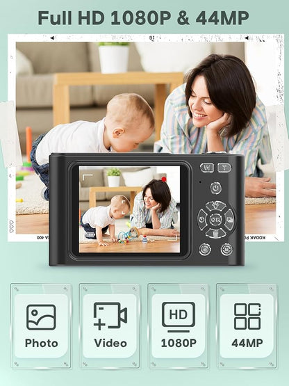 Digital Kids Camera 1080P Vlog Camera with 64GB, Lanyard, 16X Zoom Anti Shake, Card Reader 44MP Compact Portable Point Shoot Digicam for Kid Teen Girl Boy Christmas Halloween Thanksgiving(Black)