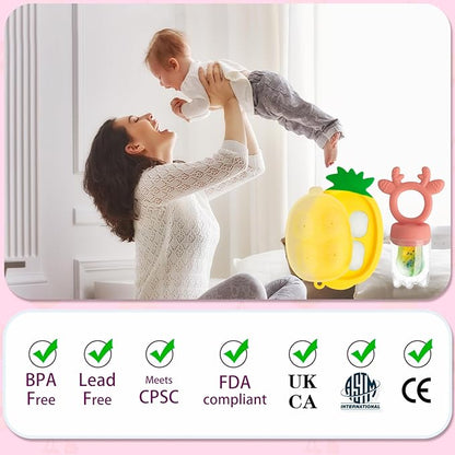 Baby Fruit Food Feeder - Silicone Nibble Tray Combo - Breastmilk Popsicle Mold for Cooling Relief, BPA Free Mesh Feeder for Infant Self Feeding (Deer Pink + Pineapple)